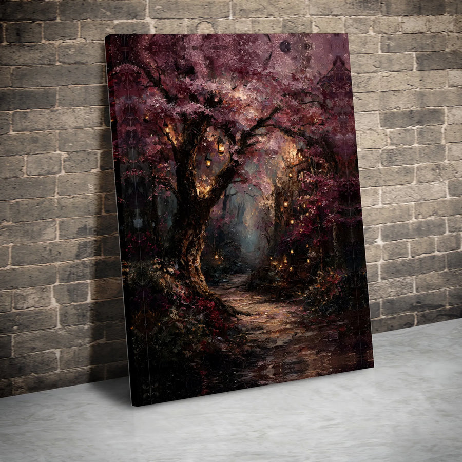 Enchanted Forest Canvas Wall Art | Whimsical Cherry Blossom Path with Glowing Lanterns | Premium Gallery-Wrapped Print | Dreamy Nature Home Decor
