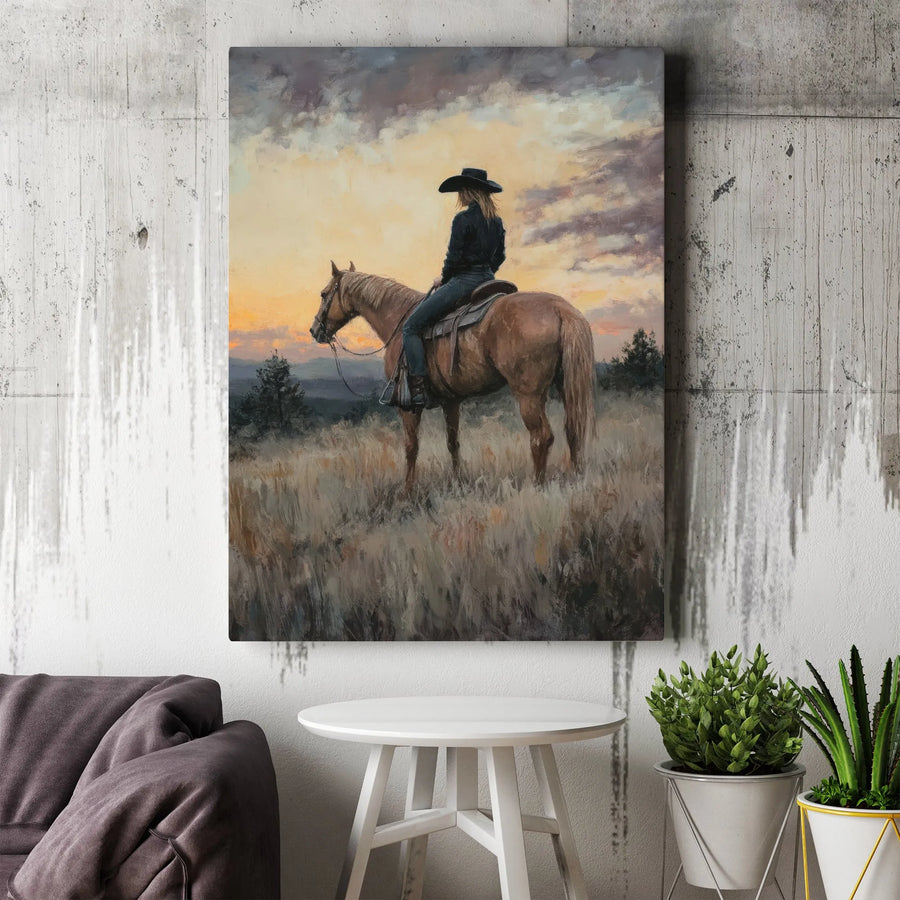 Cowgirl on Horse Canvas Wall Art | Rustic Western Sunset Painting | Premium Gallery Wrapped Decor | Equestrian Farmhouse Gift for Her