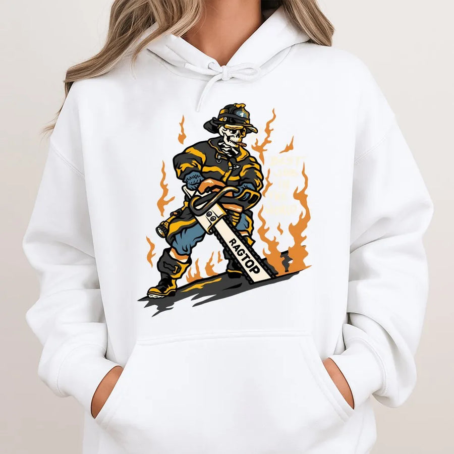 Firefighter Graphic Hoodie | Skeleton Fireman Best Job In The World Design | Premium Cotton Blend | Funny Gift For Firemen And First Responders
