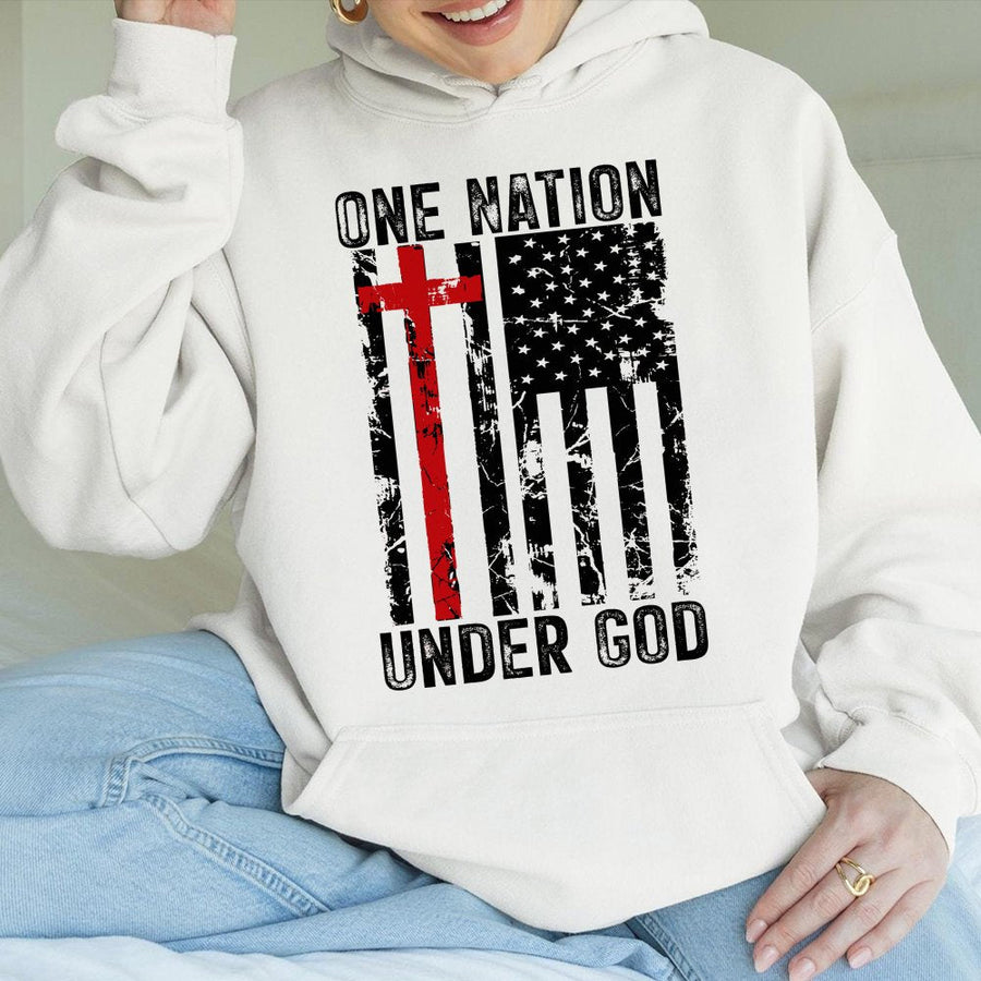 One Nation Under God Hoodie | Patriotic American Flag Cross Graphic | Premium Cotton Blend | Faith-Based Apparel Gift for Men and Women