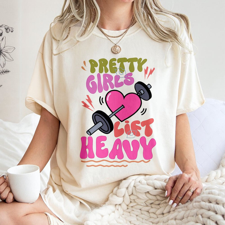 Pretty Girls Lift Heavy T-Shirt | Retro Gym Graphic Design | 100% Cotton Premium Tee | Fitness Gift for Weightlifter Women