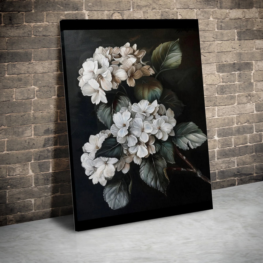 White Hydrangea Canvas Wall Art | Moody Floral Botanical Print | Premium Gallery-Wrapped 1.25" Profile | Elegant Living Room Decor Gift