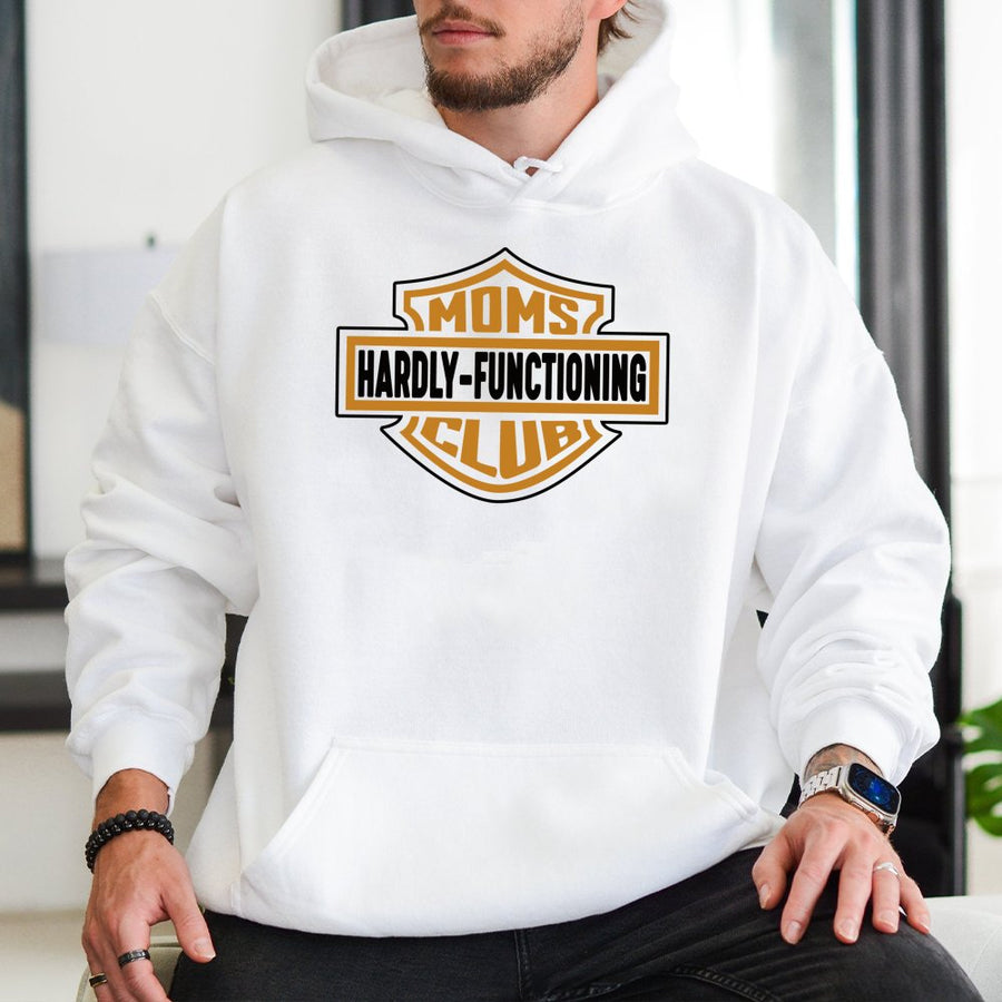 Moms Hardly-Functioning Club Hoodie | Funny Retro Biker Style Graphic Sweatshirt | Premium Cotton Blend | Humorous Mother's Day 2026 Gift For Mom