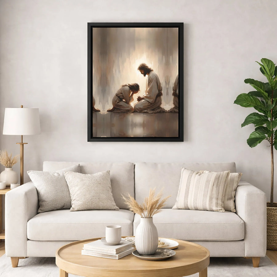 Jesus Praying With Kneeling Woman Canvas | Religious Fine Art Wall Decor | Gallery-Wrapped 1.25-Inch Profile | Spiritual Christian Home Gift