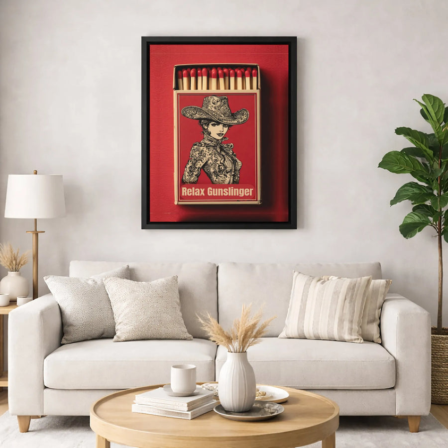 Western Cowgirl Canvas Wall Art | Relax Gunslinger Matchbox Design | Premium Gallery Wrap Print | Modern Cowboy Decor for Home or Office