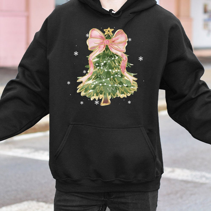 Christmas Tree Hoodie | Watercolor Aesthetic Bow Graphic | Soft Cotton-Blend Pullover | Festive Gift for Women & Teens