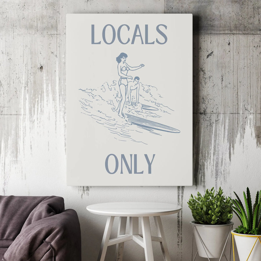 Locals Only Vertical Canvas | Retro Surfer Sketch Art Print | Premium 1.25" Thick Wall Art | Vintage Beach House Decor Gift for Surfers