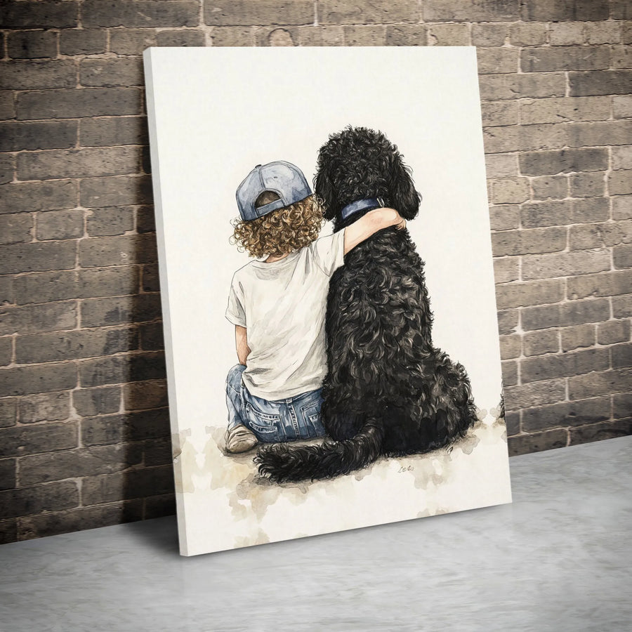 Boy and Black Poodle Canvas Print | Watercolor Best Friends Portrait | Premium Gallery Wrapped Art | Nursery Decor Gift for Dog Lover