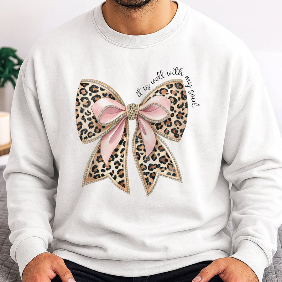 It Is Well With My Soul Sweatshirt | Leopard Pink Coquette Bow Graphic | Premium Cotton Blend | Christian Bible Verse Gift For Women