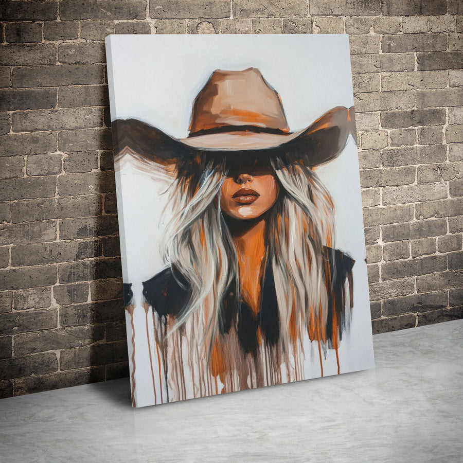 Western Cowgirl Canvas Wall Art | Abstract Blonde Woman in Cowboy Hat Print | 1.25" Gallery Wrap | Premium Farmhouse Home Decor Gift