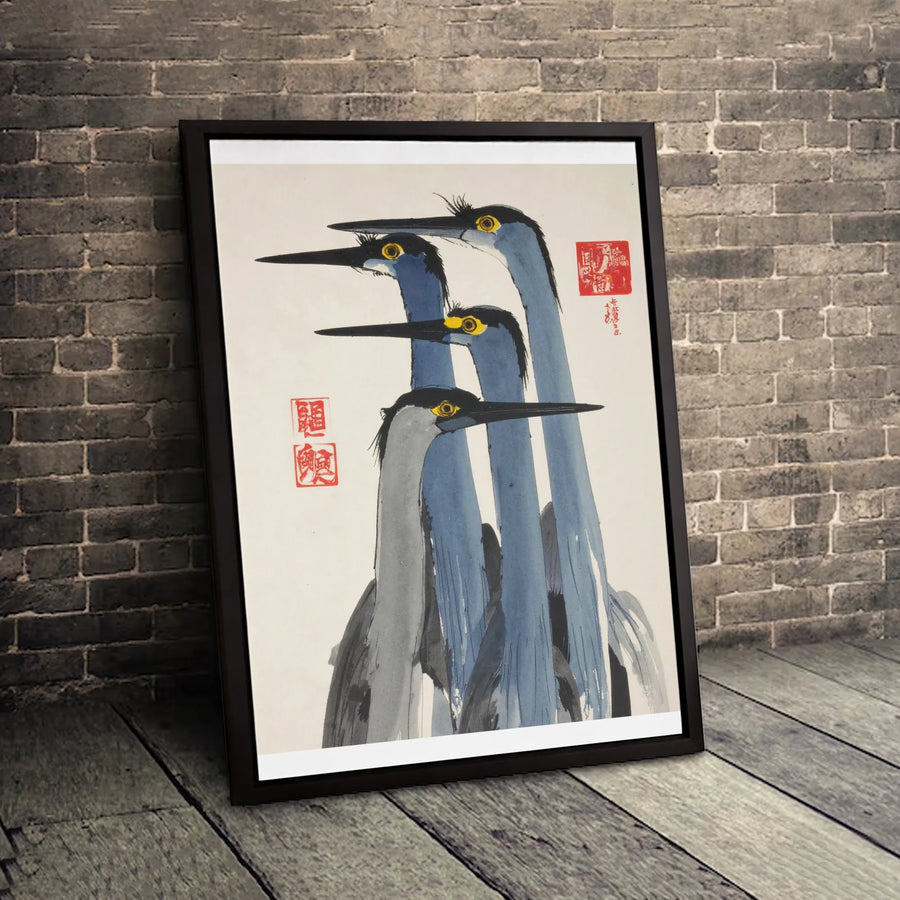 Japanese Heron Canvas Print | Traditional Ink Wash Bird Art | Gallery Quality 1.25-Inch Profile | Zen Asian Decor for Home & Office
