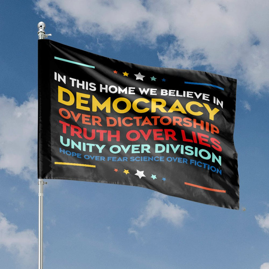 In This Home We Believe House Flag | Progressive Values Banner | Premium Weather-Resistant Polyester | Outdoor Garden Decor Gift