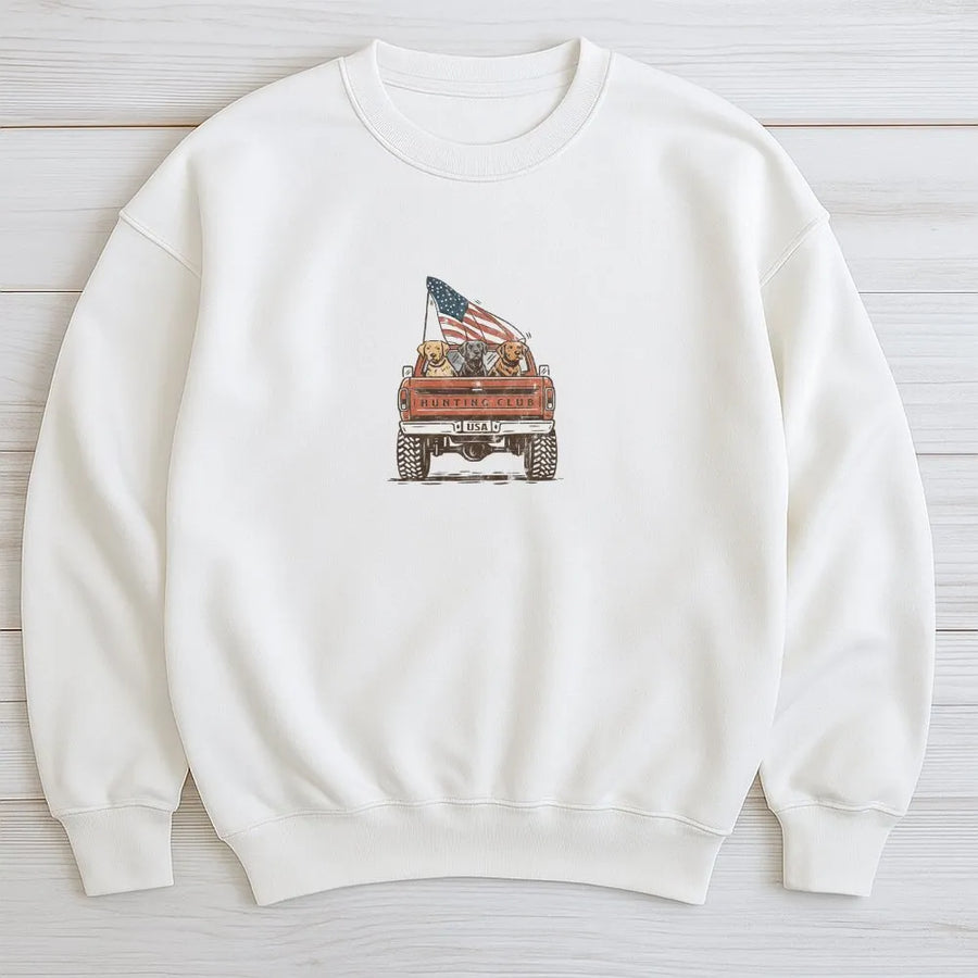 Labrador Hunting Club Sweatshirt | Vintage American Flag Truck Design | Soft Cotton Blend | 4th of July Gift for Dog Lovers