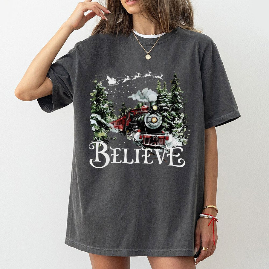Believe Christmas Train T-Shirt | Vintage Holiday Express Graphic Tee | Premium Cotton Holiday Apparel | Magical Winter Gift for Train Lovers