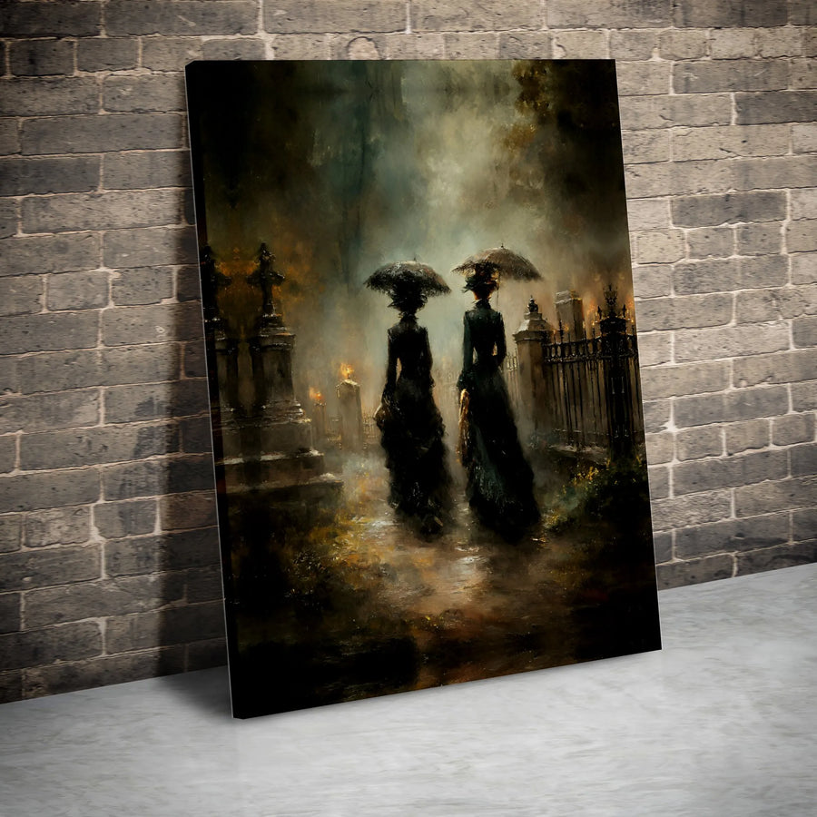 Gothic Cemetery Canvas Wall Art | Moody Victorian Women With Umbrellas | Gallery Quality Fade-Resistant Print | Dark Academia Home Decor Gift