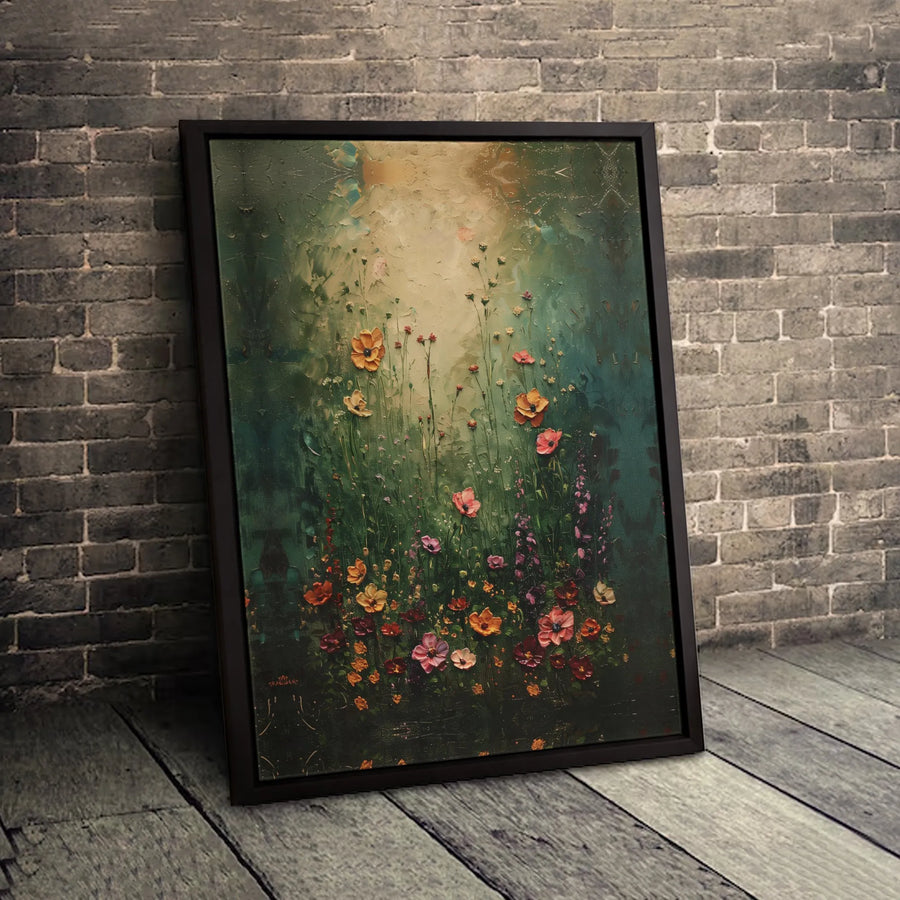 Wildflower Meadow Canvas Print | Moody Botanical Oil Painting Style | Premium Fade-Resistant Gallery Wrap | Floral Home Decor Wall Art