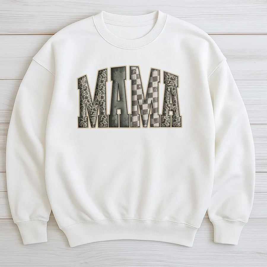 Camo Mama Sweatshirt | Checkered Pattern Varsity Lettering | Premium Cotton Blend | Gift for Outdoorsy Mom, Hunting Season Apparel