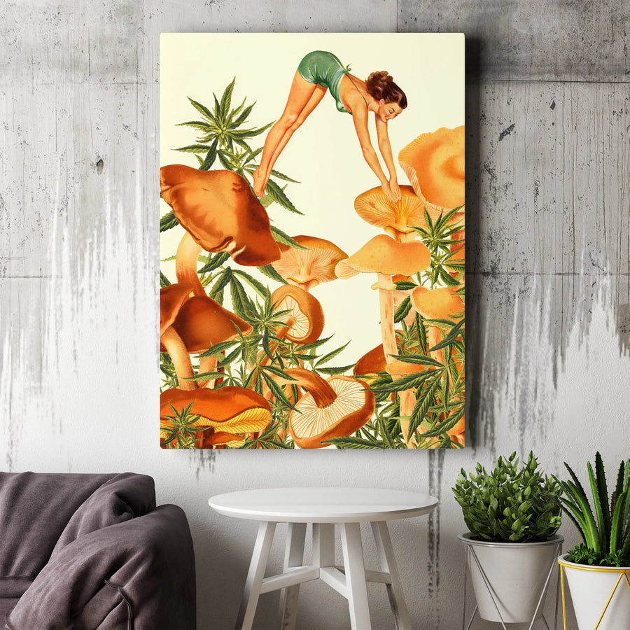 Vintage Pin-Up Girl Mushroom Canvas Print | Trippy Boho Forest Art | Premium Stretched Gallery Wrap | Unique Gift for Weed Enthusiasts