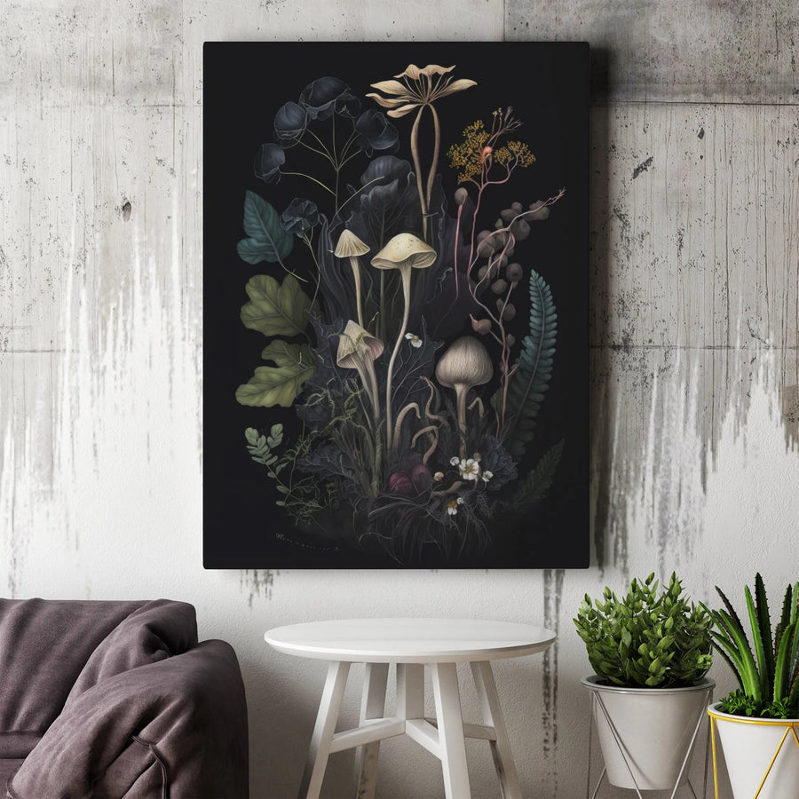 Dark Botanical Mushroom Canvas Wall Art | Moody Forest Fern Illustration | Gallery Quality Premium Print | Gothic Home Office Decor Gift