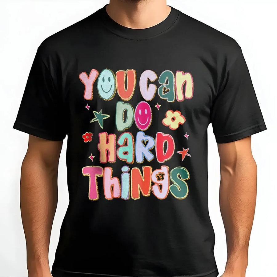 You Can Do Hard Things T-Shirt | Retro Smiley Face Graphic Tee | Premium 100% Cotton | Inspirational Teacher Gift and Positivity Shirt