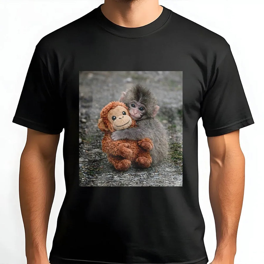 Baby Monkey Graphic T-Shirt | Cute Animal Hug Design | 100% Cotton Premium Tee | Wildlife Gift for Animal Lovers and Kids