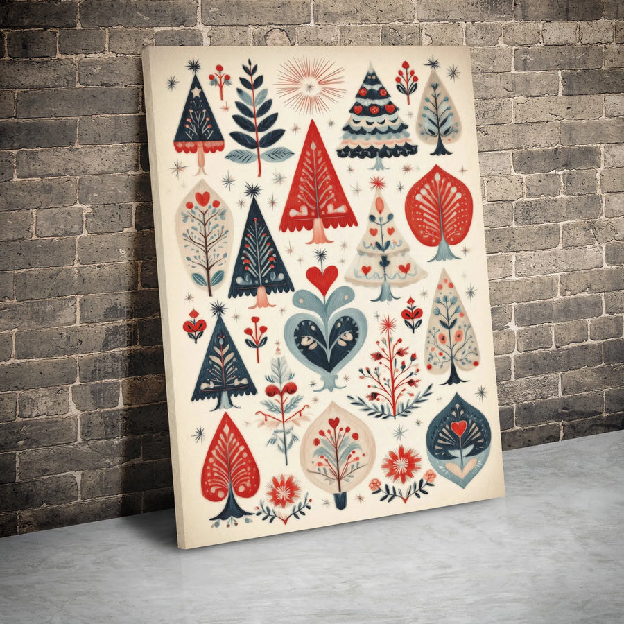 Scandinavian Folk Art Christmas Canvas Wall Art | Whimsical Heart And Tree Pattern | Gallery-Wrapped Premium Print | Festive Holiday Home Decor Gift