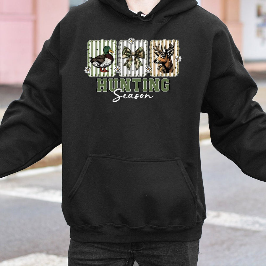 Hunting Season Hoodie | Preppy Camo Bow Deer and Duck Graphic | Soft Cotton-Blend Premium Sweatshirt | Fall Outdoor Lifestyle Gift for Women