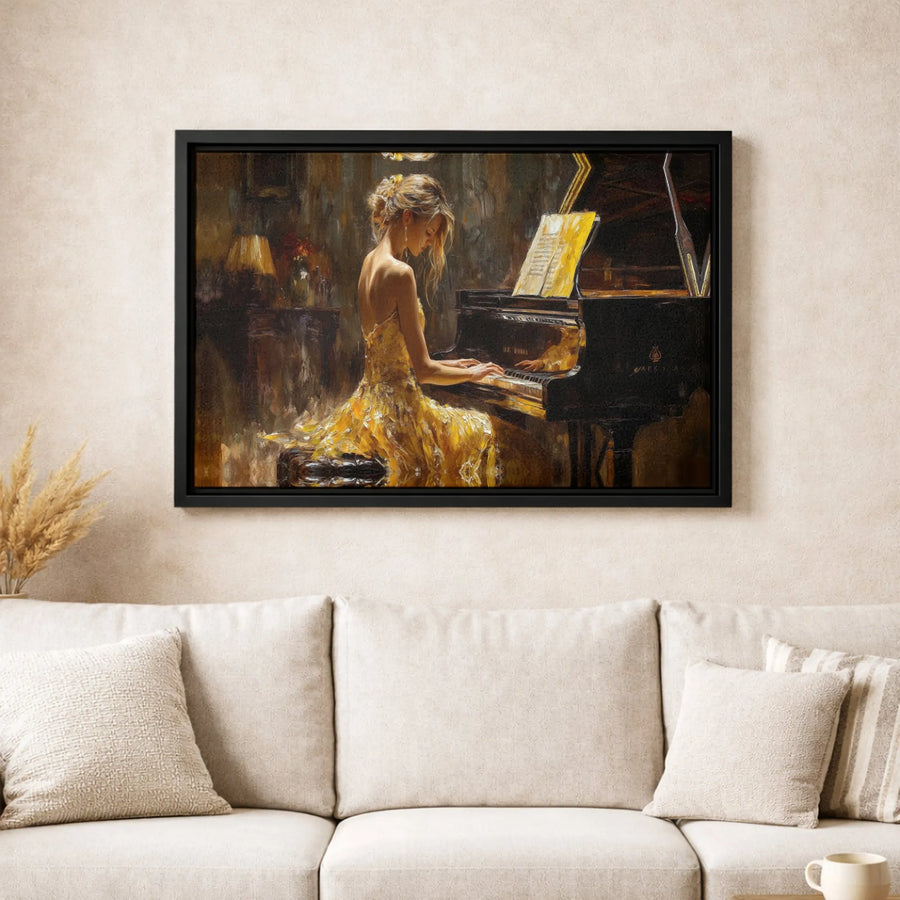 Woman Playing Grand Piano Canvas Wall Art | Elegant Yellow Gown Impressionist Print | Premium Gallery-Wrapped 1.25" Profile | Music Lover Home Decor Gift