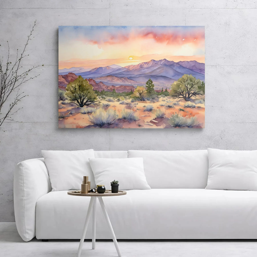 Desert Landscape Canvas Print | Watercolor Sunset Mountains Art | Premium 1.25 Inch Gallery Wrap | Southwestern Home Decor Wall Art