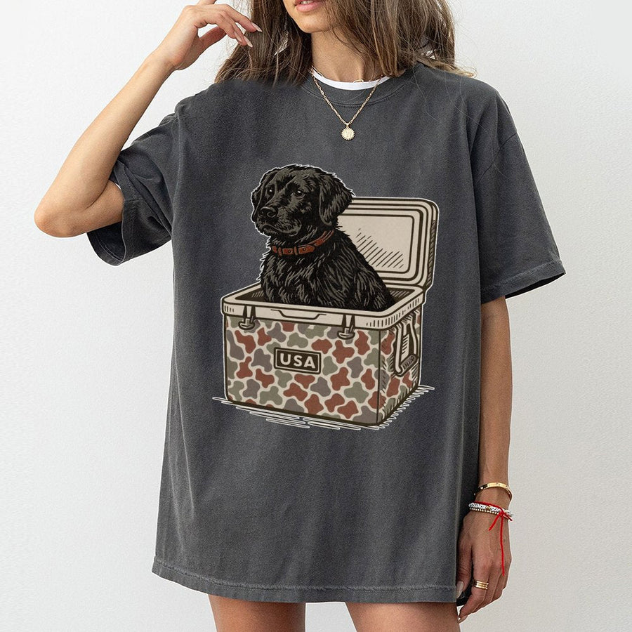 Black Labrador Dog T-Shirt | Hunting Cooler USA Camo Graphic | Premium 100% Cotton | Gift for Dog Dad and Outdoor Enthusiast