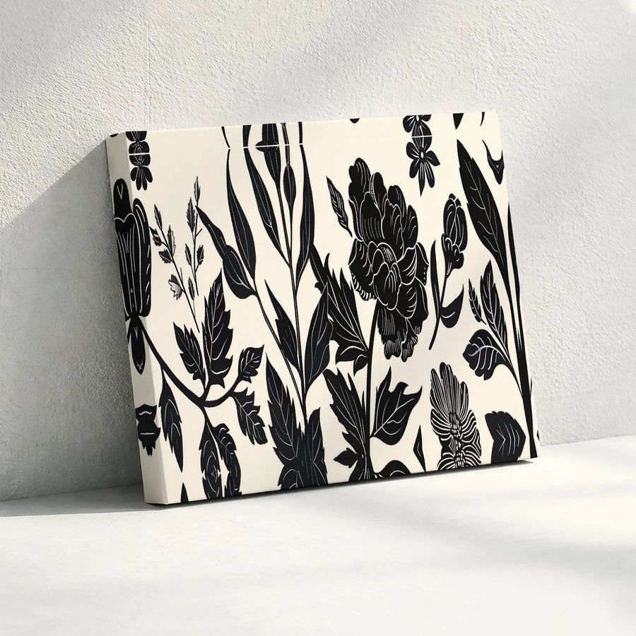 Black and White Floral Canvas Wall Art | Linocut Botanical Print | Premium Gallery-Wrapped 1.25” Frame | Modern Minimalist Home Decor Gift