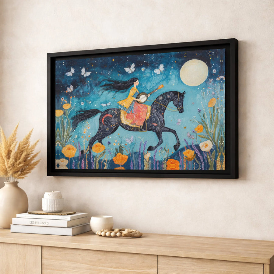 Whimsical Horse Canvas Wall Art | Moonlit Banjo Player Illustration | Premium Fade-Resistant Gallery Wrap | Magical Boho Home Decor Gift
