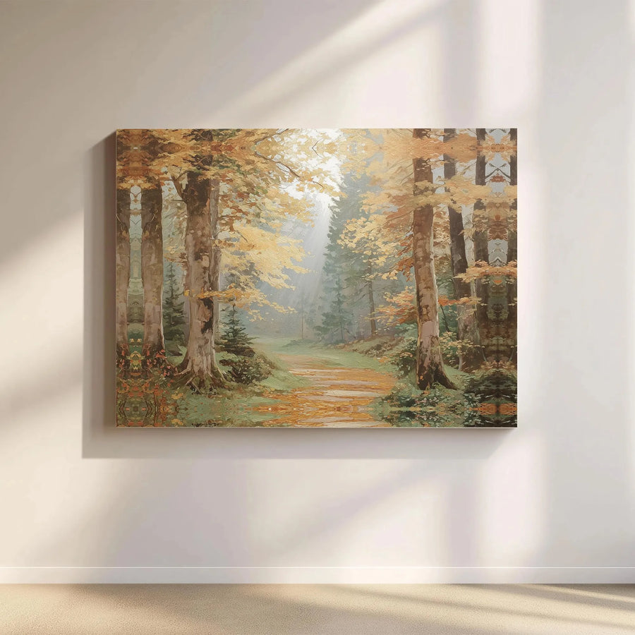 Autumn Forest Path Canvas Print | Foggy Woodland Landscape Wall Art | Gallery-Wrapped Premium Decor | Cozy Nature Inspired Gift for Home Office