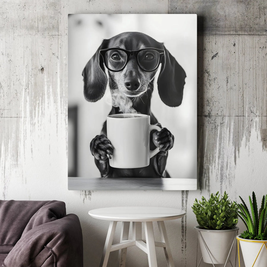 Dachshund Wall Art | Coffee Lover Dog Portrait With Glasses | Gallery-Quality 1.25" Canvas Print | Perfect Gift For Dog Owners & Home Decor