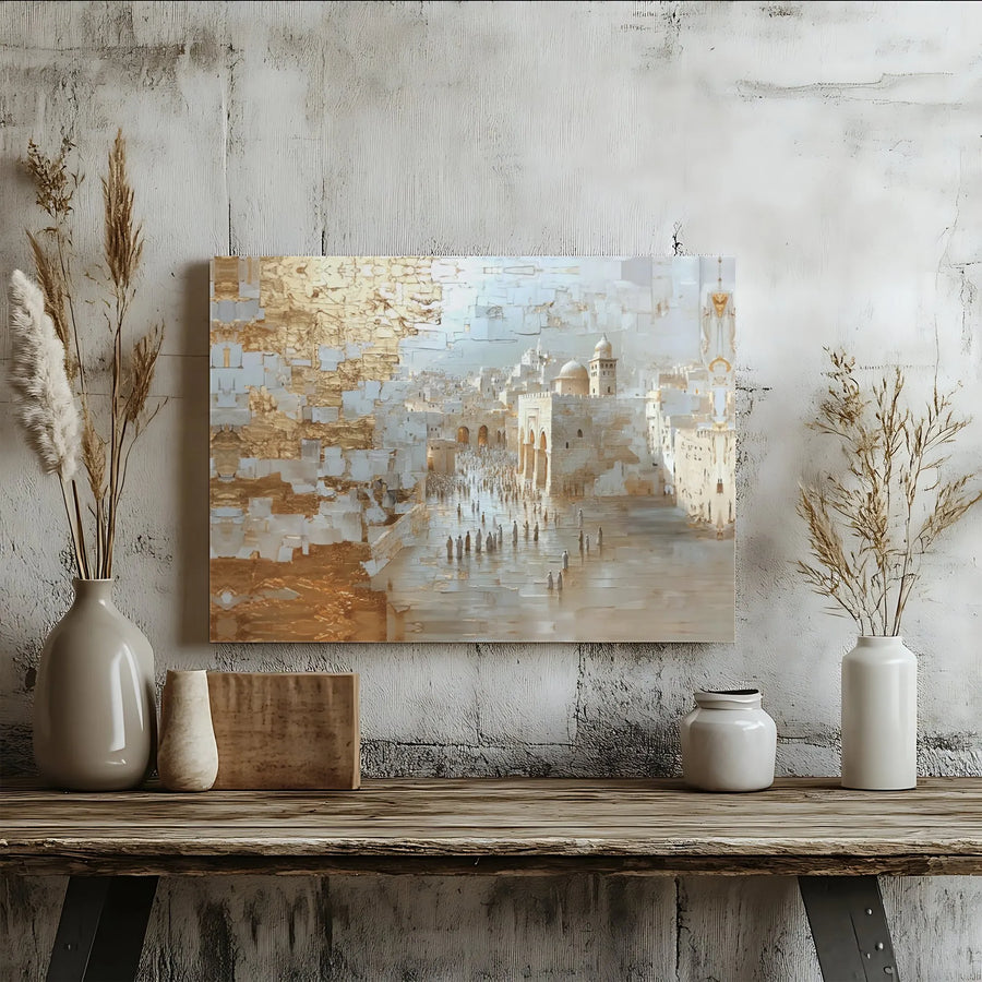 Jerusalem Old City Canvas Wall Art | Abstract Gold Leaf Texture Print | Premium Gallery Wrap Decor | Religious Home Office Gift