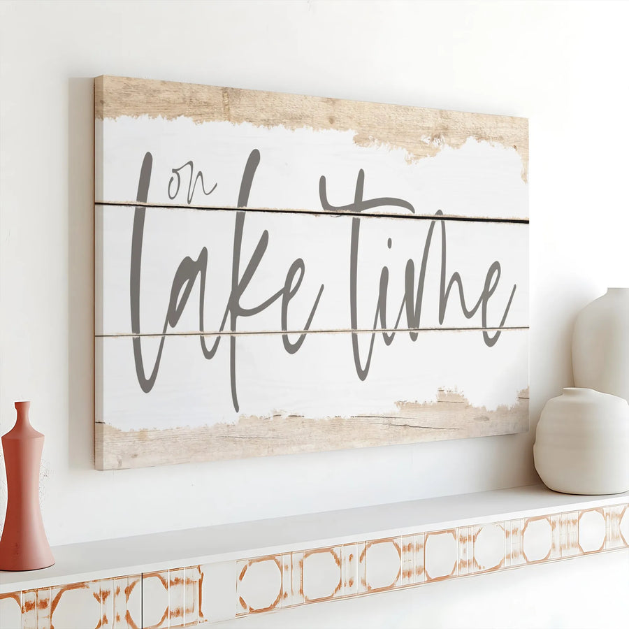 On Lake Time Canvas Wall Art | Rustic Farmhouse Shiplap Design | Premium Gallery Canvas Print | Lake House Cabin Decor Gift