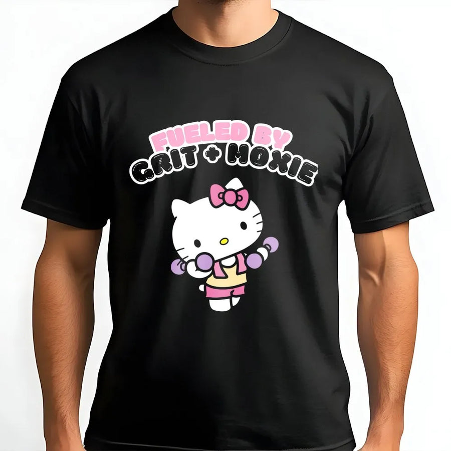 Cute Cat Workout T-Shirt | Fueled by Grit + Moxie Graphic | Premium Unisex Crewneck | Gift for Gym Lover