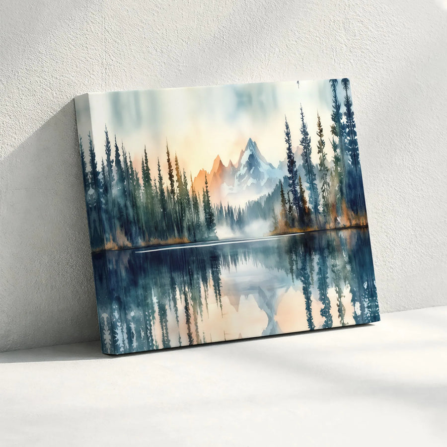 Mountain Forest Landscape Canvas Art | Watercolor Lake Reflection Wall Decor | Premium 1.25-Inch Gallery Wrap | Modern Nature Living Room Gift