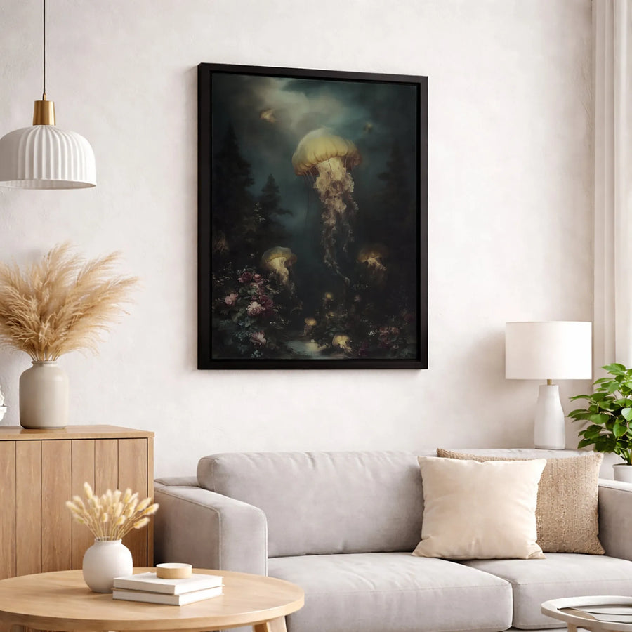 Surreal Jellyfish Forest Canvas Wall Art | Glowing Underwater Fantasy Print | Premium Fade-Resistant Gallery Wrap | Moody Home Decor Gift
