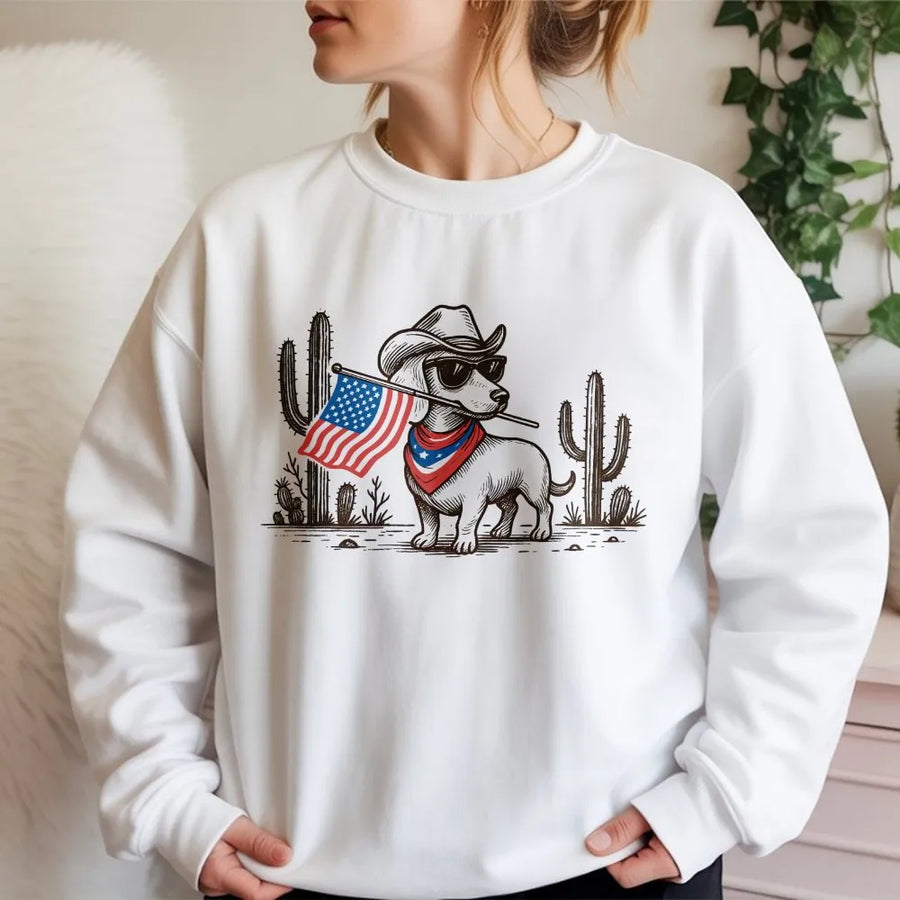 Patriotic Cowboy Dachshund Sweatshirt | Funny USA Flag Wiener Dog Graphic | Soft Cotton Unisex Tee | Gift for Dog Lovers on July 4th