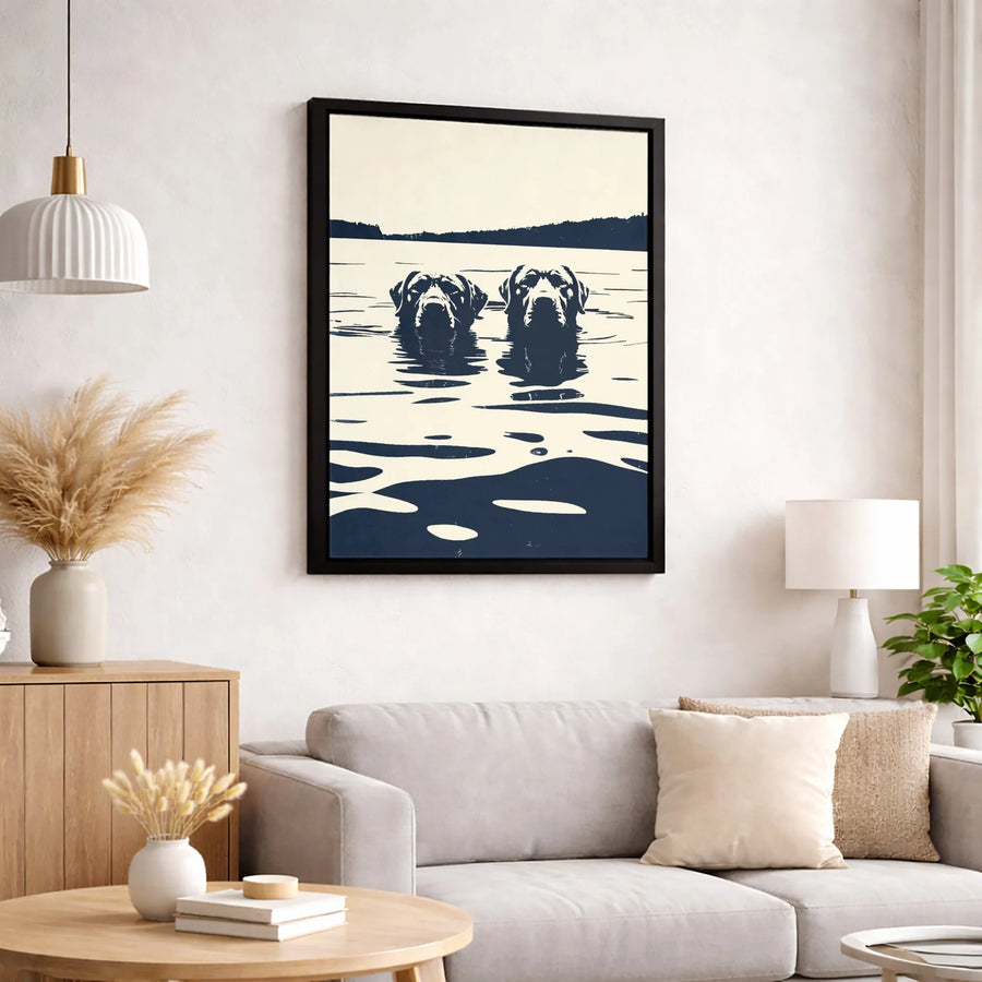 Labrador Retriever Wall Art | Minimalist Lake Swimming Dogs Print | Premium Gallery Wrapped Canvas | Modern Home Decor Gift for Dog Lovers