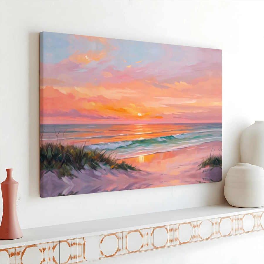 Ocean Sunset Canvas Print | Impressionist Seascape Painting | Premium Gallery Wrapped Canvas | Coastal Living Room Decor Gift