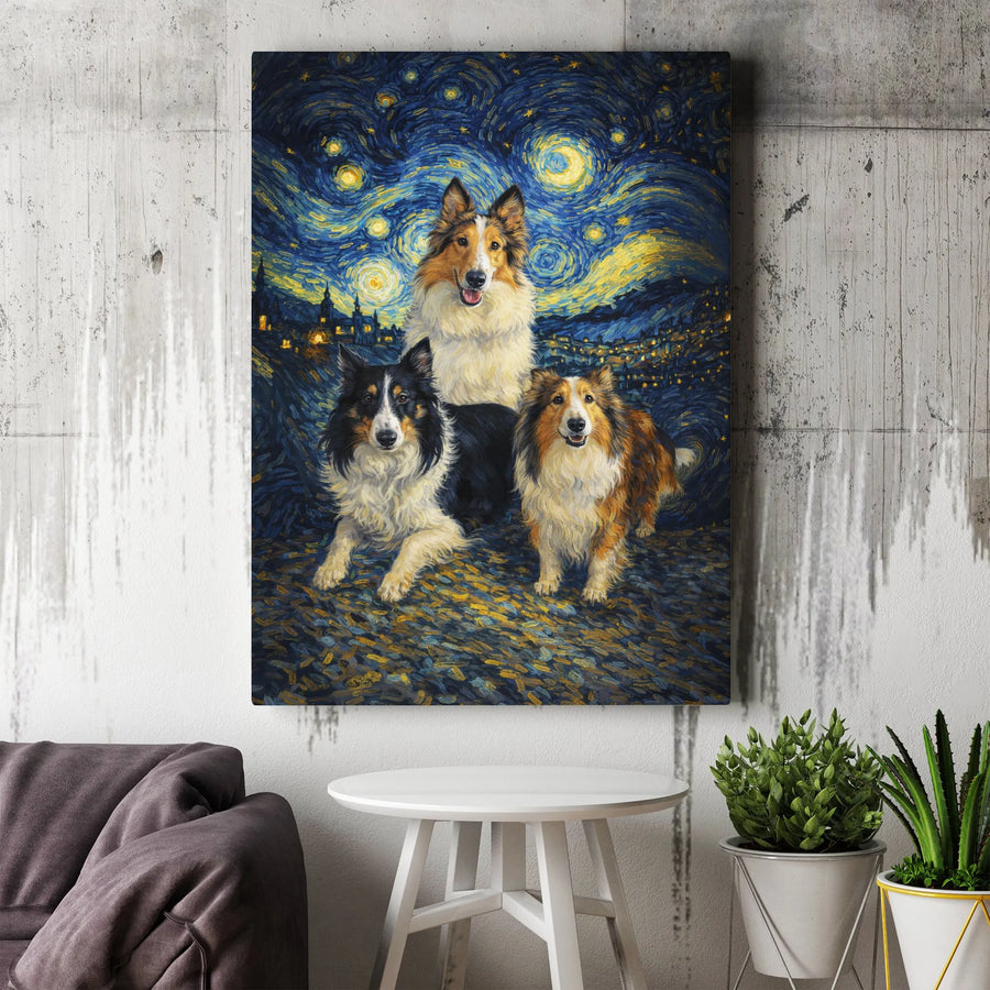 Shetland Sheepdog Starry Night Canvas Art | Van Gogh Inspired Collie Trio Painting | Premium 1.25" Thick Canvas | Unique Gift for Dog Mom and Pet Lovers