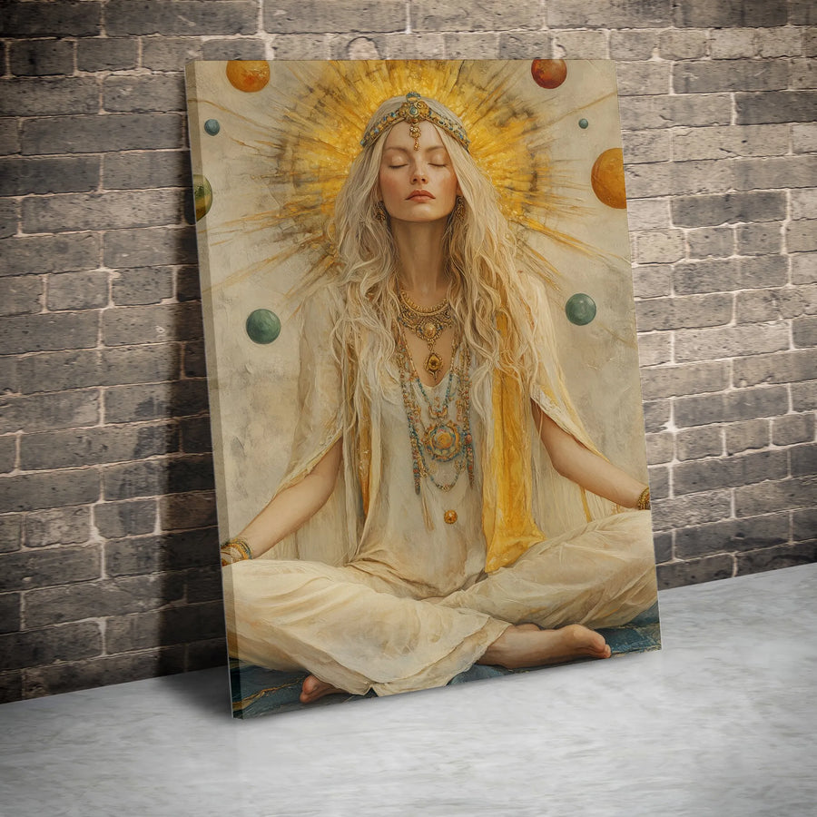 Spiritual Goddess Canvas Wall Art | Meditating Priestess Portrait with Golden Halo | Premium Frameless Print | Yoga Studio Decor Gift