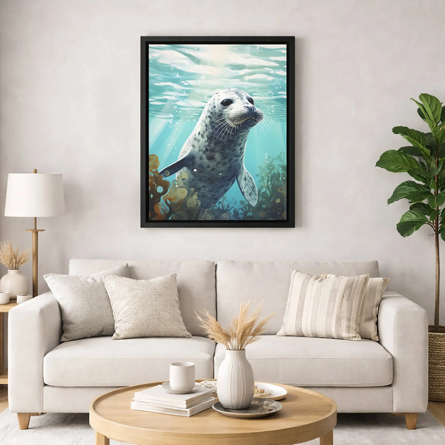 Harbor Seal Canvas Art | Underwater Ocean Wildlife Illustration | Premium Gallery Wrapped Print | Coastal Home Decor Gift for Ocean Lovers