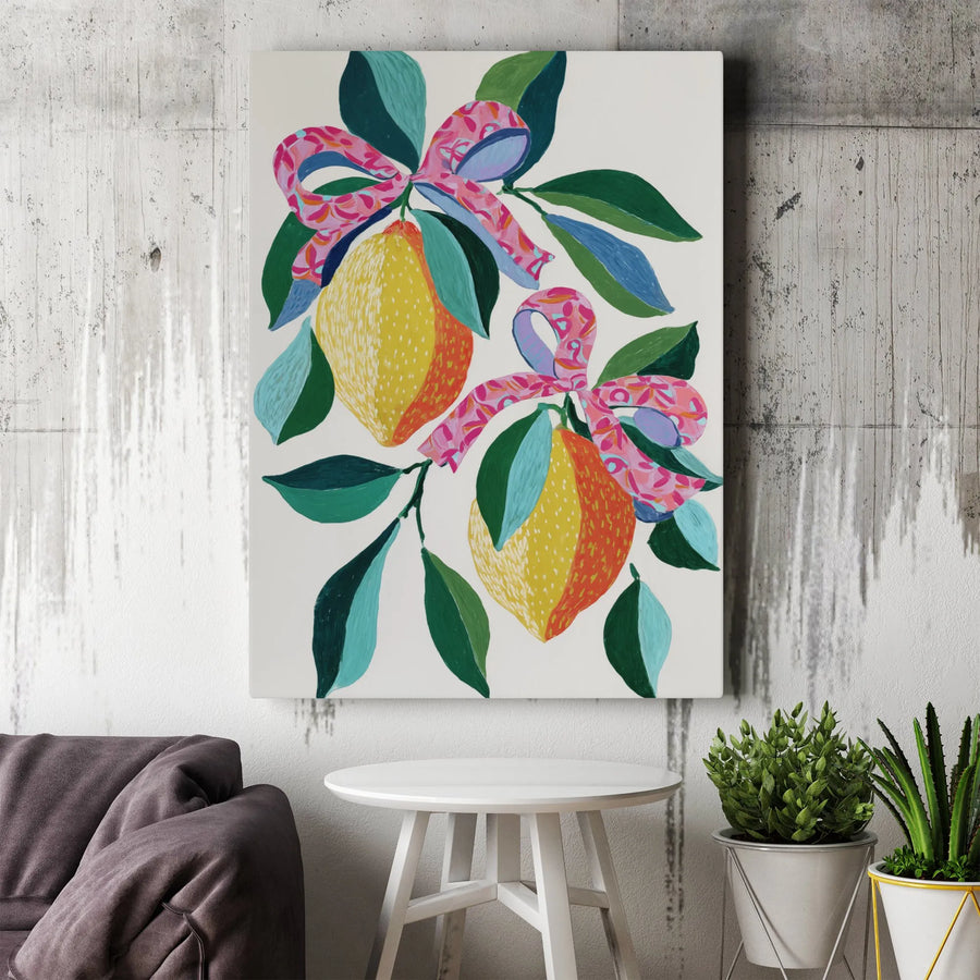 Lemon Wall Art with Pink Bows | Mediterranean Fruit Botanical Canvas Print | Premium Gallery-Wrapped Decor | Whimsical Kitchen & Dining Room Gift