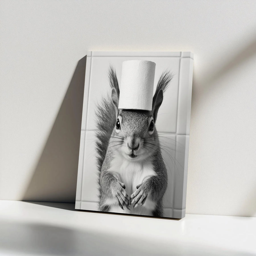 Funny Squirrel Bathroom Wall Art | Quirky Toilet Paper Head Portrait | Premium Gallery Wrapped Canvas | Humorous Home Decor Gift for Animal Lovers