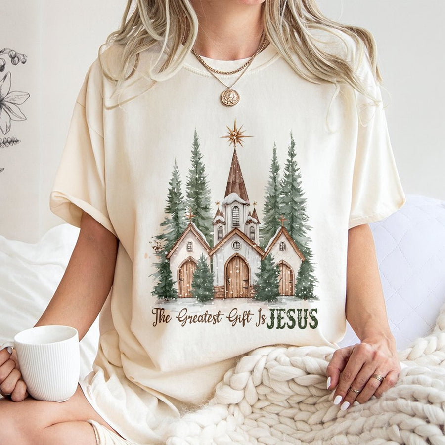The Greatest Gift Is Jesus T-Shirt | Watercolor Snowy Church Graphic | Premium 100% Cotton | Religious Christmas Gift for Christians