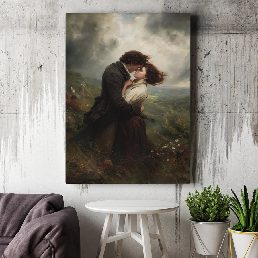 Romantic Couple Canvas Wall Art | Stormy Hillside Oil Painting Style | Premium Gallery Wrap Print | Gothic Victorian Decor Gift for Her