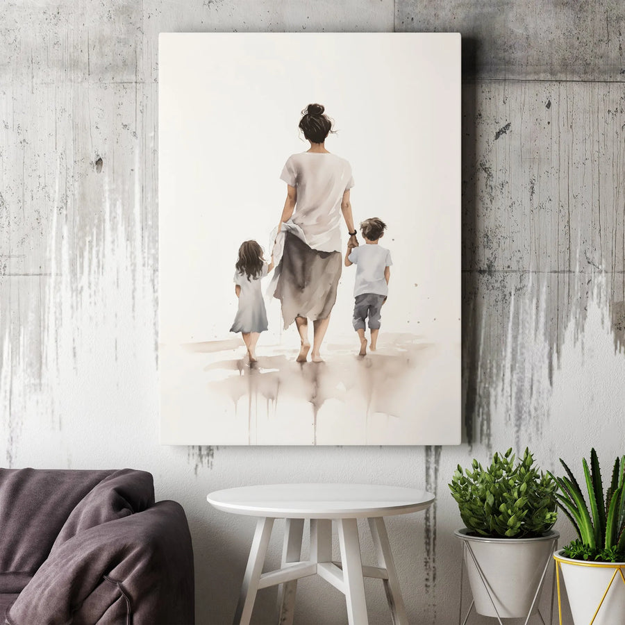 Mother With Two Children Wall Art | Watercolor Family Portrait Painting | Premium Gallery Wrap Canvas | Meaningful Gift For Mom